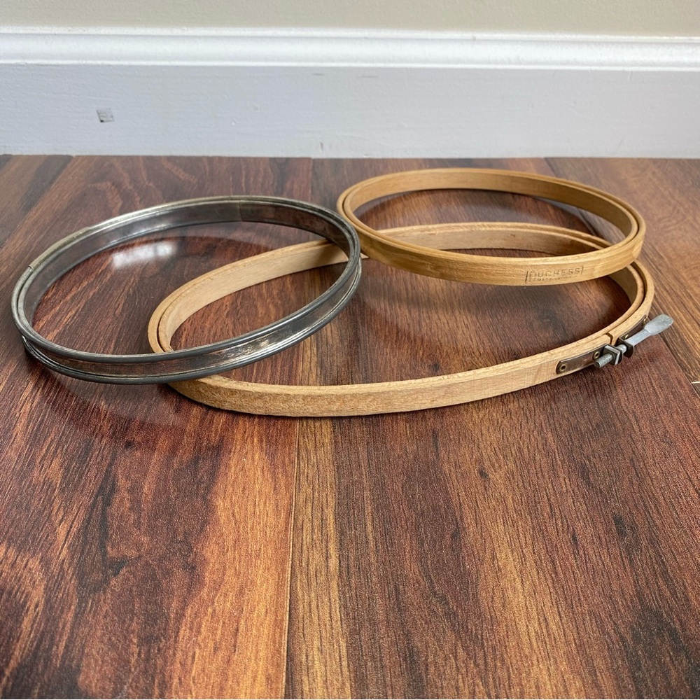 Vintage Lot of Embroidery Hoops Wooden Felt Lined and Metal Including Duchess